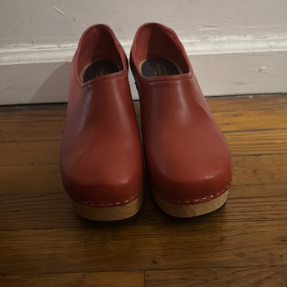 Swedish Hasbeens Red Clogs with Wooden Sole